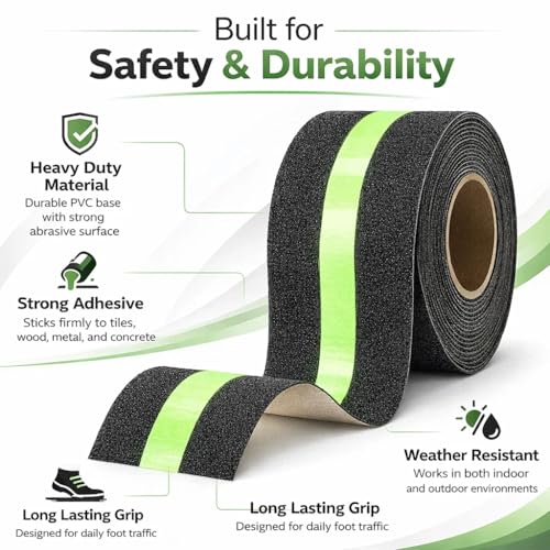 Image of YORWE Anti Slip Stair Tape with Glow in the Dark Strip - Heavy Duty Waterproof Non Slip Traction Tape for Stairs, Steps, Outdoor & Indoor Safety (Green, 5 Meter)