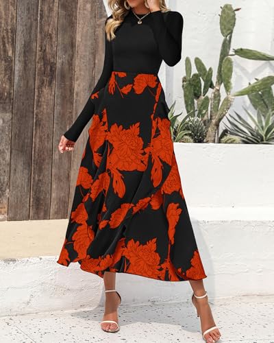 Image of BTFBM Womens Floral Maxi Dress Fall 2025 Casual Crewneck Long Sleeve Ruffle Flowy Cocktail Wedding Guest Dresses