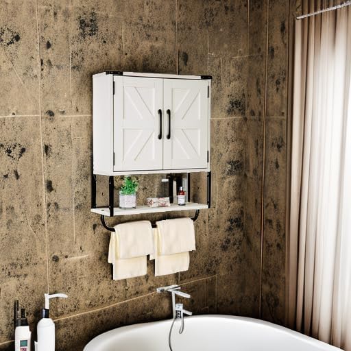 BRO A SIS Botiquín de Estilo rústico, Armario de Almacenamiento montado en la Pared con Estante Ajustable y Barra para Toallas, Armario de baño de 3 Niveles para baño, Sala de...