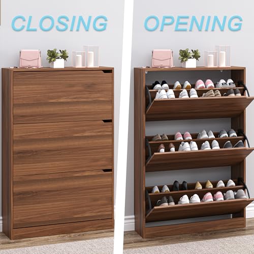 Image of BORNOON Shoe Cabinet with 3 Flip Drawers, Slim Narrow Shoe Storage Cabinet, Freestanding Shoe Organizer with Adjustable & Removable Shelves, Top Display Shelf for Entryway, Hallway, Foyer, Closet