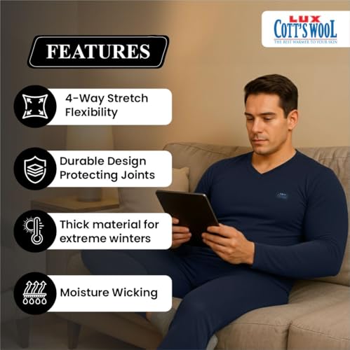 Image of Lux Cottswool Men's Cotton Thermal Set | Top & Bottom Body Warmer | V-Neck Winterwear | Full Sleeves & Snug Fit with Stay Warm Technology | Skin Friendly with Superior Heat Retention