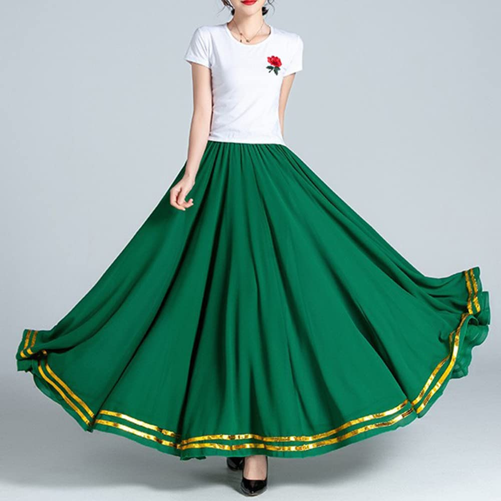 Damen Eine Linie Plissee Tanzrock Glänzender Langer Rock Hohe Taille Großes Swing Röcke Chiffon Maxirock Frauen Tanzkleid Bauchtanz Rock Flamenco Rock Latein Tango Ballett Tanz Performance Kostüm