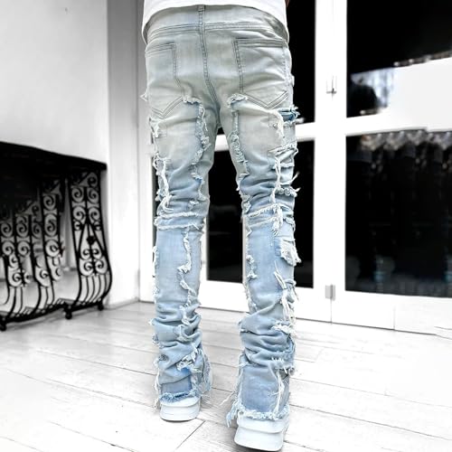 Mens Slim Fit Jeans Mens Stacked Jeans Black Skinny Jean Distressed Patchwork Frayed Straight Leg Denim Pants3