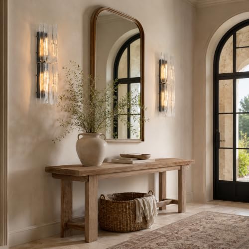 Image of 30 Inch Water Ripple Glass Wall Sconce, Hardwired Black Sconce, Included Bulb
