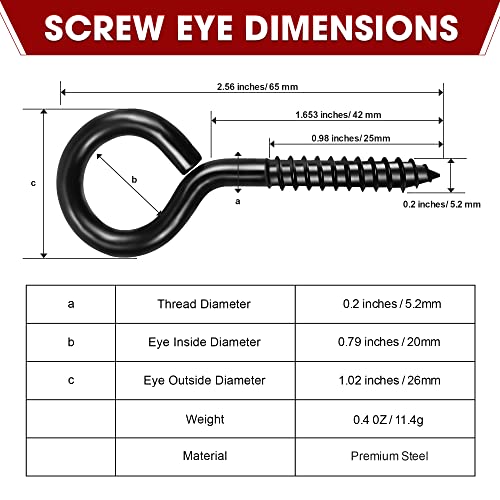 PAMAZY 16pcs Screw Eyes, 2.56 Inch Black Eye Hooks Screw Self Tapping Eye, Heavy Duty Eye Bolt for Wood Securing Cables Wire, Hammock Stand, Indoor & Outdoor Use by PAMAZY - Image 3
