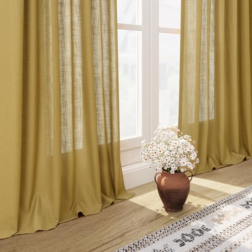 Image of Nanspring Gold Linen Curtains 84 Inch Length 2 Panels Set for Living Room Rod Pocket Back Tab Light Filtering Window Drapes for Bedroom Dining Room Protect Privacy Modern Farmhouse Decor 52x84