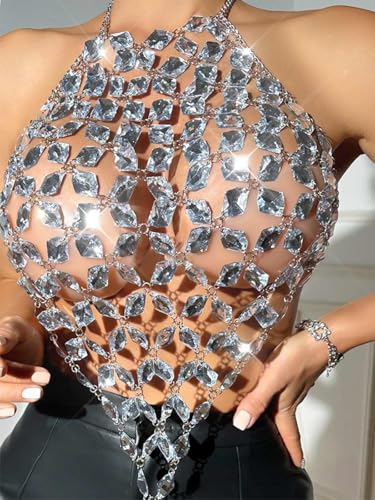 Aukmla Crystal Bra Body Chain Top Silver Rhinestones Halter Crop Tops Beach Bikini Chest Chains Body Jewelry for Women4