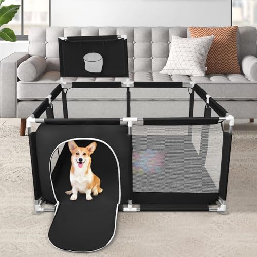 Parco per cuccioli con porta, parco per cuccioli o cani piccoli, recinzione solida in tessuto spesso e rete in nylon ad alta resistenza, lavabile in lavatrice, interno/esterno, 126 x 126 x 66 cm, nero