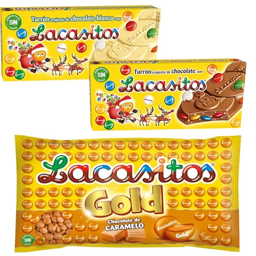 Pack Lacasitos turrón de chocolate blanco 215 g,de chocolate con leche 215 g,gold bolsa 1kg
