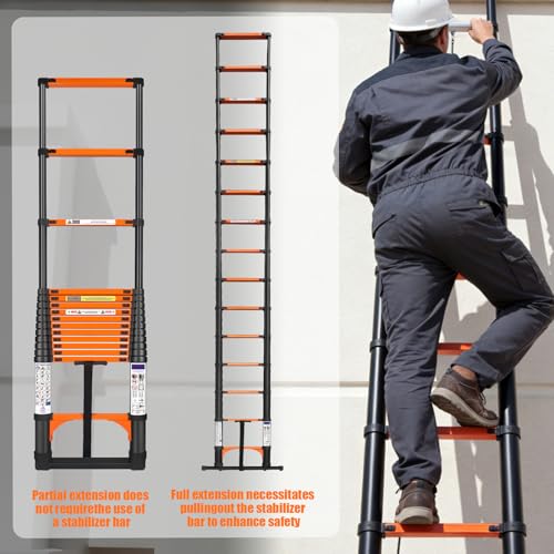 Chanjarhill 4,4m Teleskopleiter, Hochwertig Klappleiter Ausziehbare Leiter mit Stabilisator und Abnehmbaren Haken, Robust Tragbar Stehleiter Haushaltsleiter Anlegeleiter für Wohnmobile und Dachböden