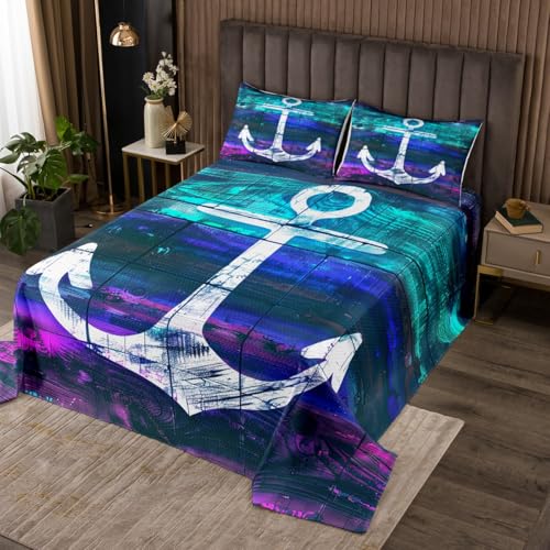 Erosebridal Anchor Bedspread Twin Size Weathered Themed Marine Nautical Ornament Coverlet Set for Boys Girls,Old Look Rustic Grunge Planks Bedding Set Classic Ocean Graphic Bedroom Decor Teal Purple