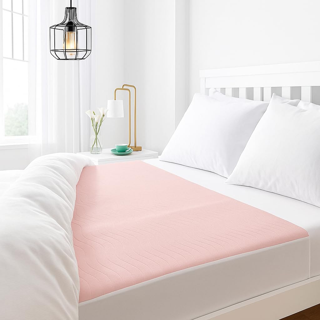 Comfortcare Pink Upper Surface, Blue Lower Surface, Tucks White Deluxe Washable And Absorbent Reusable Incontinence Pad/100% Waterproof Mattress Protector, 85 X 150 Cm, 33½" X 59", With 50 Cm Tucks On Each Side To Secure It In Place. King-Size Bed, Pink.