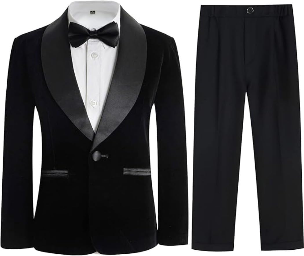 Completo da smoking per ragazzi, 3 pezzi, giacca in pile per bambini, formale, slim fit, in velluto, set per matrimoni, balli di fine anno