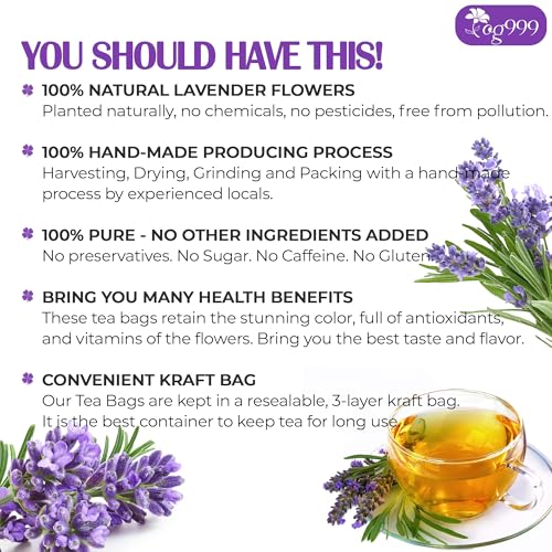Image of TOG999, Premium 60 Lavender Flower Tea Bags, 100% Natural & Pure. Loose Flower Lavender Herbal Tea. No Sugar, No Caffeine, No Gluten, Vegan.