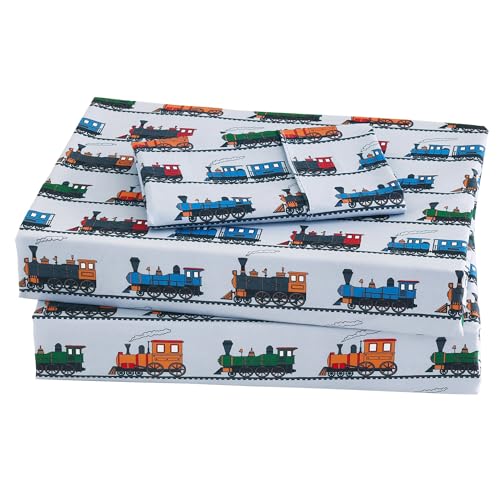 Image of Viviland 4 Pieces Boys Grey Full Sheet Set - Soft Microfiber Fitted Flat Sheets & Pillowcases - Retro Train Print Bedding Sets- for Kids & Toddlers