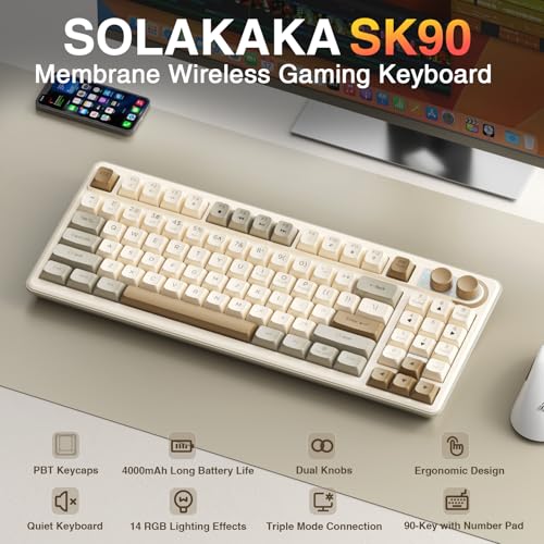 Image of SOLAKAKA SK90 75% Wireless Gaming Keyboard - 4000mAh Tri-Mode (BT5.0 /2.4G /USB-C) Cute Creamy Gaming Keyboard with Number Pad, Media Knob, RGB Backlit, Quiet Keys Silent Office Keyboards for PC MAC