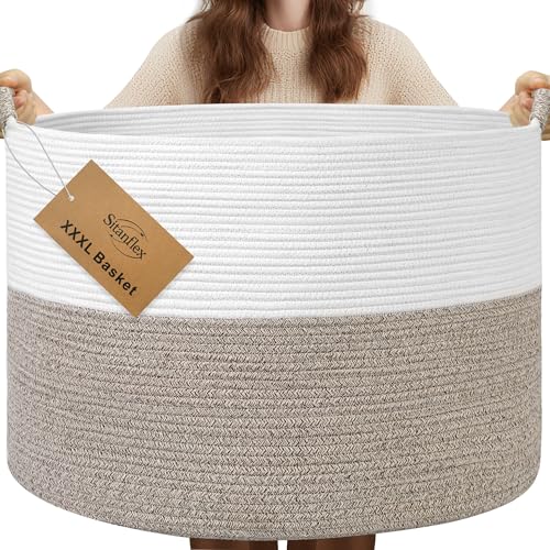 XXXL Large Blanket Basket for Living Room, 21.7″ x 13.8″ Woven Cotton Rope Laundry Hamper for Pillows, Towels & Toy Storage – Decorative Round Storage Basket with Handles for Nursery, Baby & Dog Toys