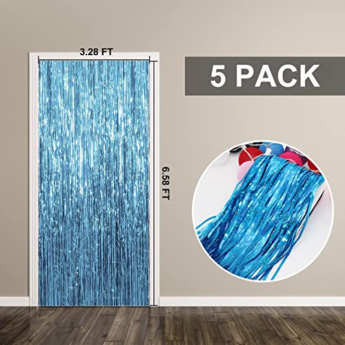 image for K.E.J. 5 Pack Foil Curtain Backdrop Blue Metallic Tinsel Foil Fringe C