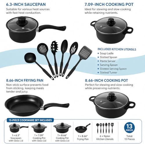 Image of 13pcs Non-Stick Iron Kitchen Cookware Set with Lids - Includes 1Pc Frying Pan, 2Pcs Casserole, 1Pc Sause Pan with 3 Lids & 6Pcs Ladle Set Induction Safe - Nylon Utensils - Beginner Cooking Set