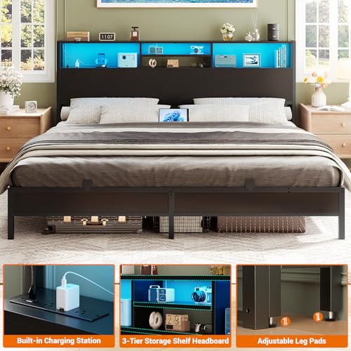 Image of Aheaplus Headboard for King Size Bed with Storage, Headboards with Outlets | King Size Head Board Only, USB Ports and LED Light, Height Adjustable, Reversible, Sturdy and Stable Headboard, Black