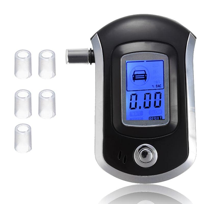Portable LCD Digital Display Alcohol Breath Tester Analyzer Breathalyzer Blue Backlight High Sensitivity with Sensor Fault Self Checking Function Black Color ABS Material