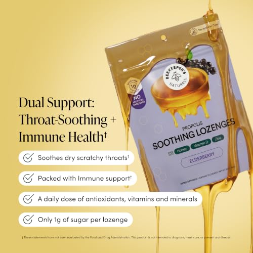 Image of Beekeeper's Naturals Throat Soothing Honey Cough Drops, Elderberry 24 Ct | Immune Support, Vitamin D, Zinc, Propolis, Throat Soothing Lozenges