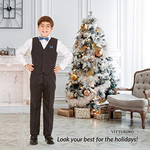 Image of Vittorino Boys 4 Piece Suit Set with Vest, Dress Shirt, Bow Tie, Pants & Pocket Square | Big & Little Kids Formal Apparel