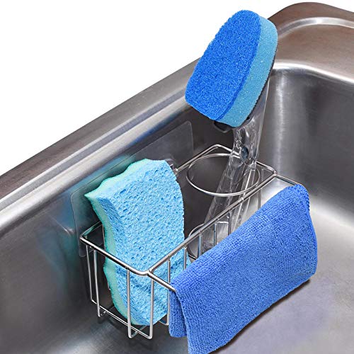 Adhesive Stainless Steel Sponge Holder  Brush Holder  Dish Cloth Hanger 3-in-1 Kitchen Sink Caddy Rust Proof Water Proof No Drilling