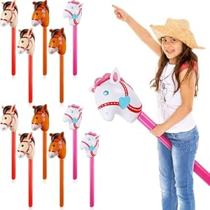 Chivao 12 Pieces Inflatable Stick Horse Cute Horse Head Stick Blow up Balloon Colorful Cowboy Cowgirl Party Decorations for Themed Birthday Party(Red and Pink and Coffee Color)