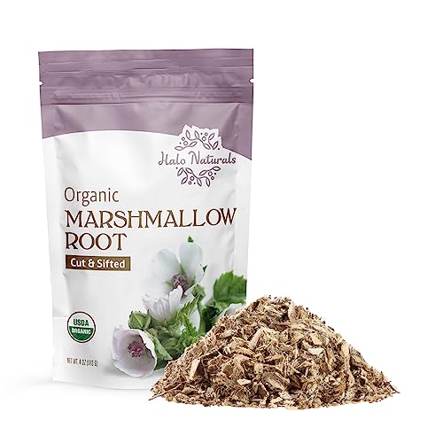Halo Naturals Organic Marshmallow Root Cut & Sifted, 4 Ounces (Althaea officinalis) USDA Certified | Resealable Pouch| Packaged in The USA (Pack of 1)