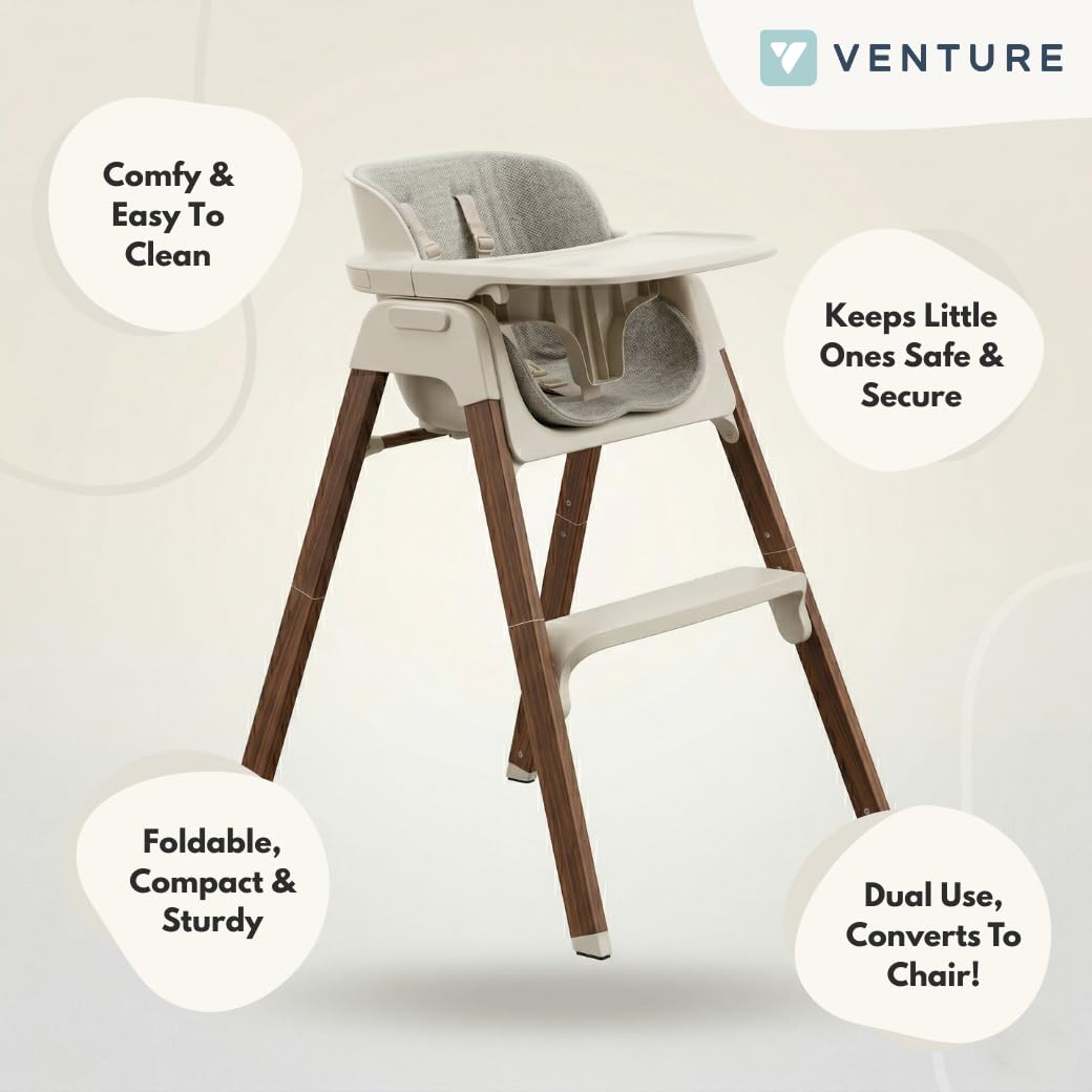 Venture Neyo 2-in-1 Foldable High Chair for Baby and Toddler, Convertible Baby Highchair with Wood Effect Legs, Removable Tray & Cushion, 5 Point Harness, Compact Folding (Beige) - 3