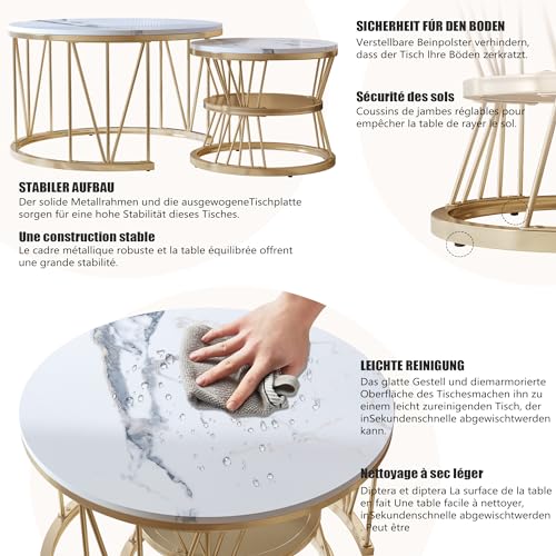 Mutuolux 2 Stück Couchtische, rund, modern, mit Marmor, glänzend, für Wohnzimmer, Empfangsraum, Balkon und Büro, Struktur aus Metall, einzigartige Form, Gold und Weiß – Bild 6