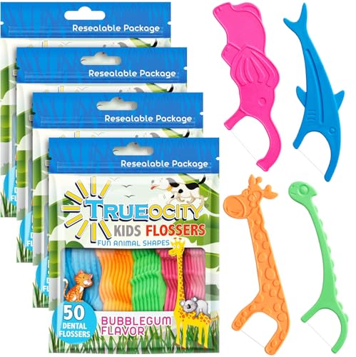 Kids Flossers 4 Pack (200 Count) – Fun Animal-Shaped Floss Picks for Kids, Bubble Gum Flavor, Easy Glide Between Teeth, Helps Prevent Tooth Decay &...