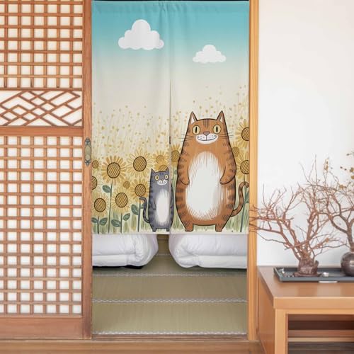 のれん ドアカーテン 透けない 遮光 幅75p×丈200cm 間仕切り ロッドポケット 断熱 防音 厚地 UVカット 保温 節電対策 装飾 玄関 ドア 寝室 暖簾 おしゃれ 目隠し 和風 可愛い猫 ヒマワリ 洗濯機対応