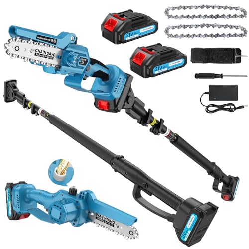 2-en-1 Tronçonneuse avec Perche Télescopique (1,6 m-2,8 m) & Mini Tronçonneuse 6 pouces, 1000W Moteur, 2 Batteries de 2000 mAh, Coupe jusqu'à 13.2 Pieds de Hauteur pour Élagage des Arbres et Jardinage