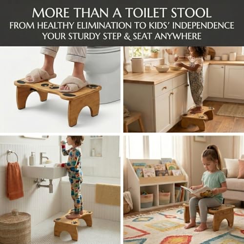 Image of Bamboo Toilet Stool Foldable, 7 in Poop Stool for Bathroom, Portable Squatting Potty Stool for Adults & Kids, Cute Non-Slip Toilet Foot Pooping Steps, No Assembly Required, 2026 New Upgrade