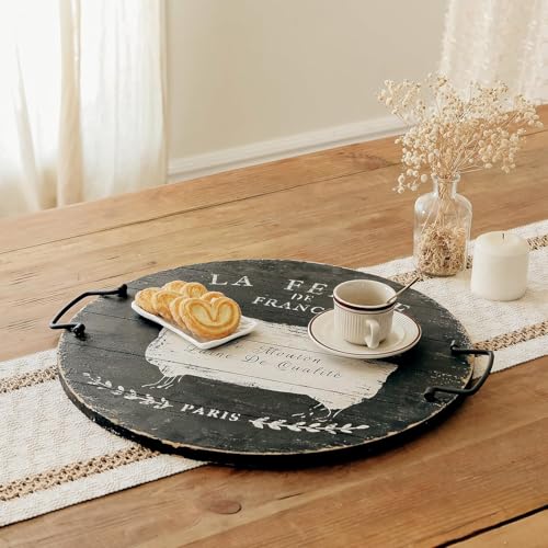 Farmhouse-Wooden-Serving-Tray-with-Handles-18-French-Farm-Sheep-Round-Rustic-Tray-Wooden-Black-Serving-Tray-for-Ottoman-Home-Kitchen-Coffee-Table-Decor Farmhouse Wooden Serving Tray with Handles 18 French Farm Sheep Round Rustic Tray Wooden Black Serving Tray for Ottoman Home Kitchen Coffee Table Decor