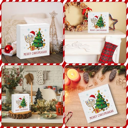 Image of Hanukkah Decor, Merry Chrismukkah Wood Box Sign, Jewish Gifts for Women, Rustic Hanukkah Decorations for Home Office Shelf 5 x 5 Inch