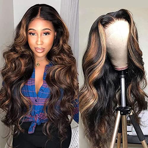 Balayage FB30 Body Wave Highlight Lace Front Human Hair Wigs 10A Brazilian Ombre Brown Highlight 13x4x1 T Part Lace Front Wig Pre Plucked 150% Density 22 Inch