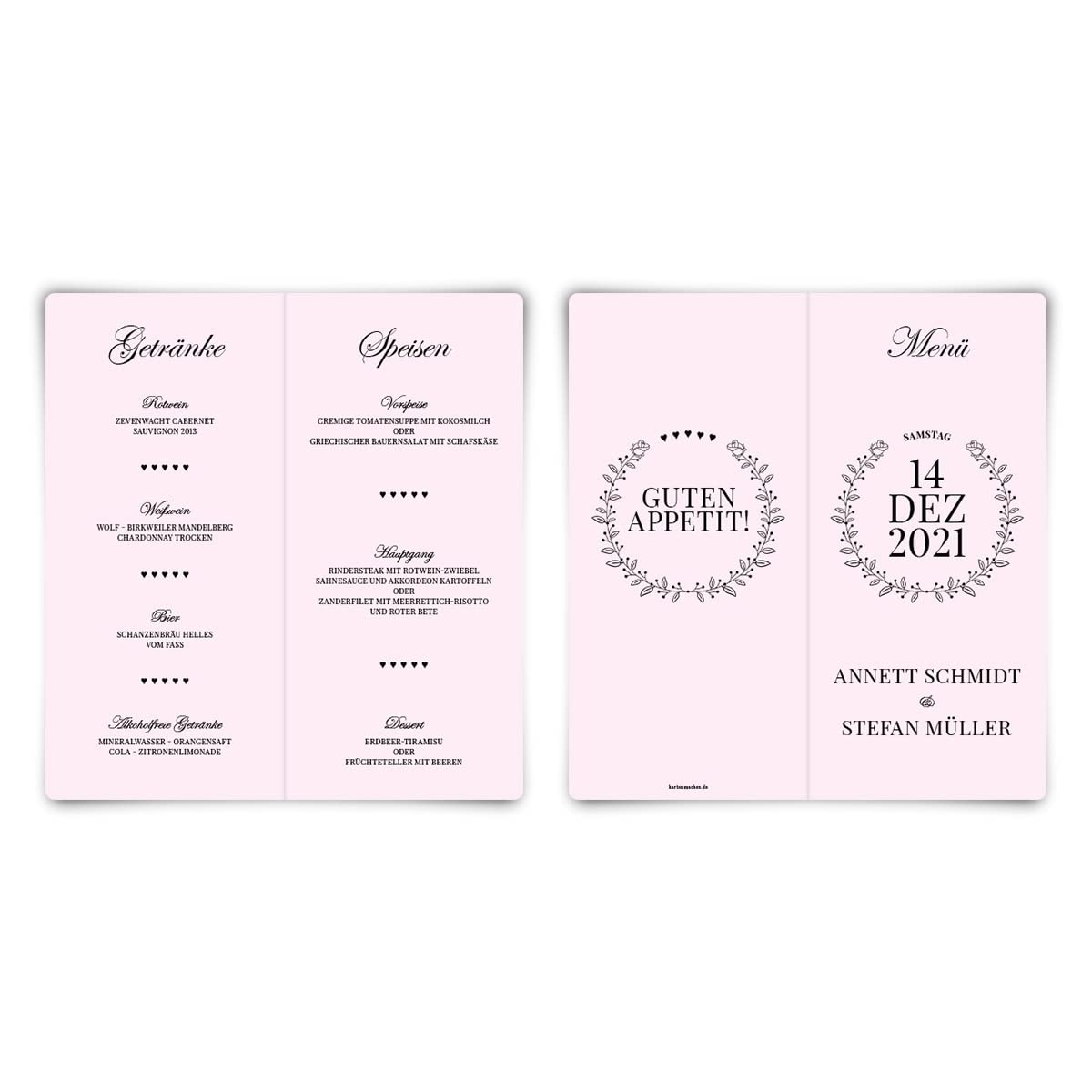 50 x Hochzeit Menükarten Speisekarten Getränkekarten individuell gestalten DIN Lang hoch Klappkarte mit abgerundeten Ecken - Rosa Chic
