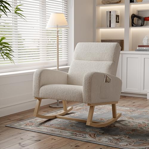 BRILVERDE Mecedora Lactancia, Silla Mecedora de Piel de Cordero Blanca, Silla de Relax con Adhesivo Antideslizante, Mecedora para salón, balcón, salón (Beige)