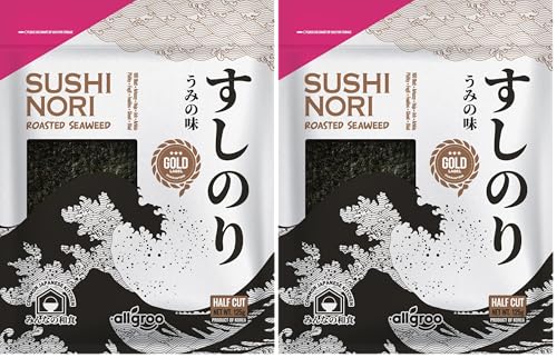 Allgroo Hoja de alga nori para sushi, tostadas, cortadas a la mitad - 1 x 125 gr (Paquete de 2)