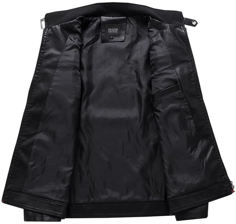 Men's Stand Collar Leather Jacket Fall Trendy Color Block Motor Biker Jacket Full Zip Outerwear Coats S-5XL - Image 4