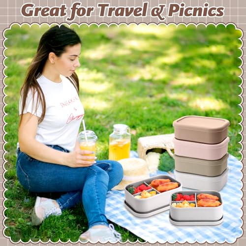 Image of Honeydak 4 Pcs Silicone Bento Box, 3 Compartment Lunch Food Container for Women Men, Leak Proof Microwave Easy to Clean Dishwasher Freezer Safe (Bohemian Color)