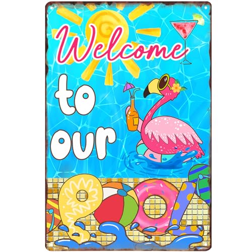 Welcome to Our Pool Tin Sign, Swimming Pool Metal Tin Sign, Decor Pool Gifts for Pool Summer Garden Outdoor Decorations, 12x 8 Inch (Flamingo Pool)