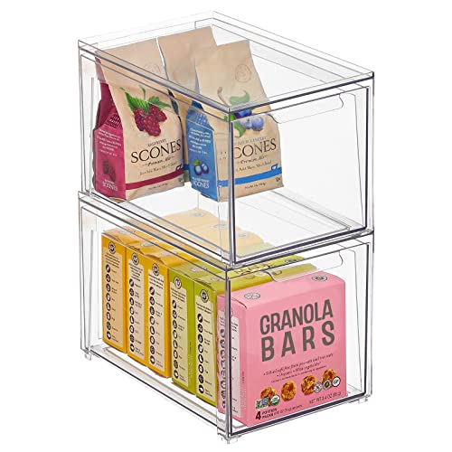 Image of mDesign Plastic Stackable Kitchen Storage Organizer Bins with Pull Out Drawer for Cabinet, Pantry, Fridge, Freezer, Shelf, Refrigerator Organization - Lumiere Collection - 2 Pack - Clear