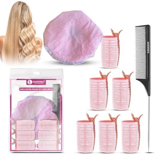 Image of Majestique Hair Curler Roller Kit with Reusable Shower Head Cap - Hair Roller Curler for Volume & Styling | Velcro Hair Rollers with Tail Comb & Clips | Heatless Hair Curler Set for Women | Hair Styling Tools 8Pcs Multicolour