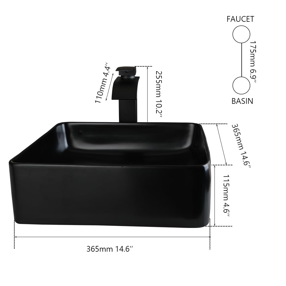 Black Bathroom Vessel Sink Ceramic Vessel Sinks with Waterfall Faucet and Pop-up Drain Combo Black Vessel Sink Above Counter Bathroom Sink Porcelain Vanity Sink Square Bathroom Sink