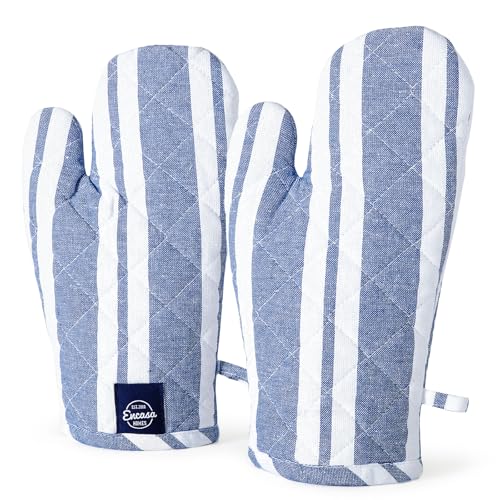 Encasa XO Long 12'x7' Oven Microwave Hand Gloves Mitts (2 pc Set) for Kitchen Cooking & Baking - Heat Resistant, Thick & Safe, Protection of Hands from Hot Utensils - Franca Blue Stripes