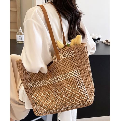 Image of Womens Straw Beach Bag - Summer Woven Handbag Shoulder Tote Bag for Vacation, Travel